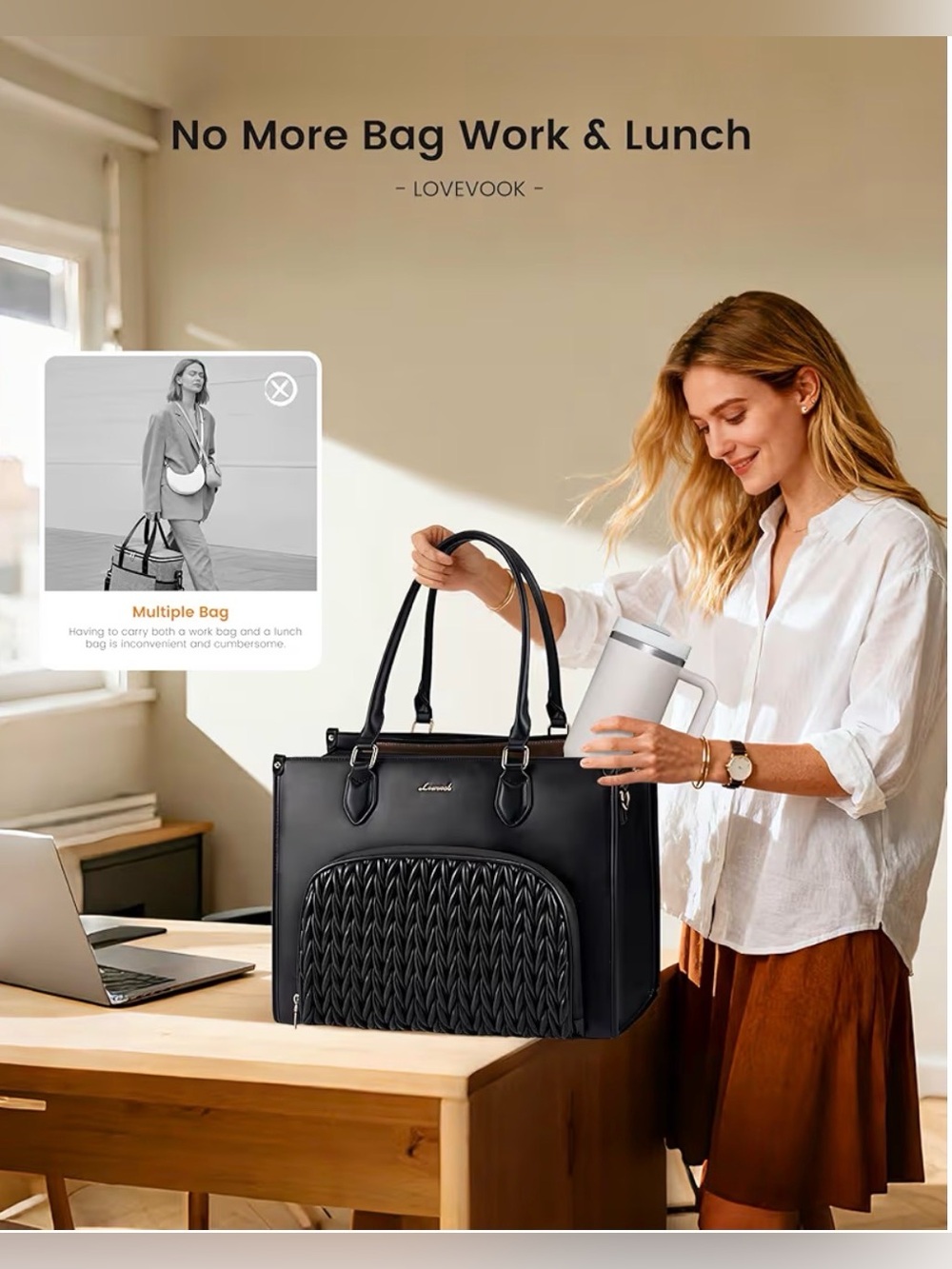 LOVEVOOK Laptop Lunch Tote Bag featuring a quilted front panel design - Picture 3 of 7